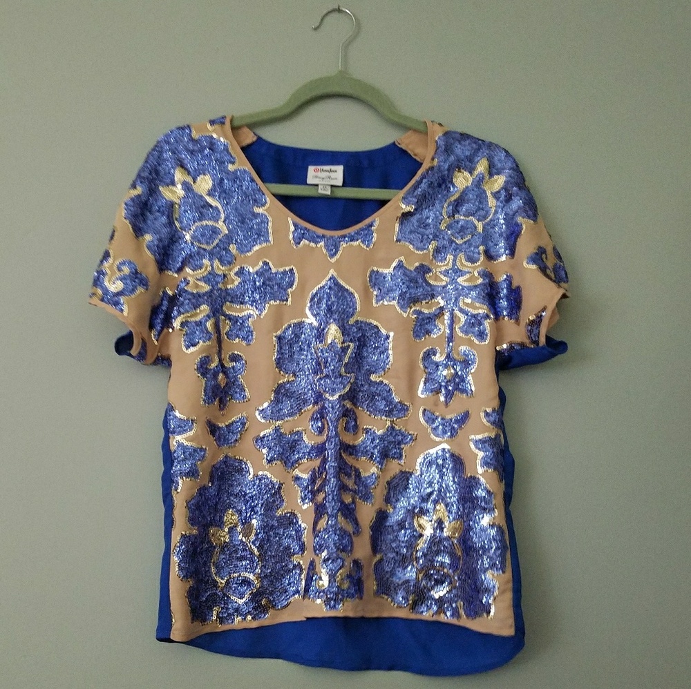 Neiman Marcus Blue and Gold Embellished Top